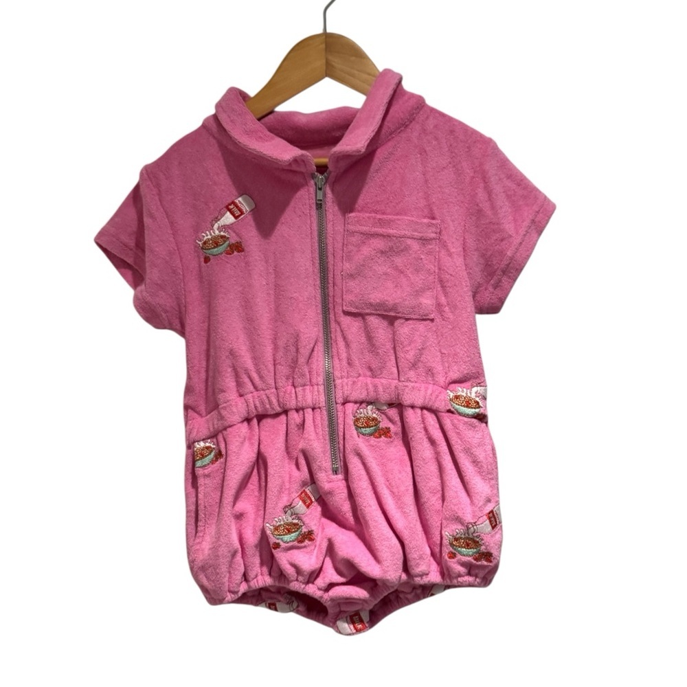 HUGO LOVES TIKI Pink Terry Romper with Embroidered Print - size 6 (fits 3/4)
